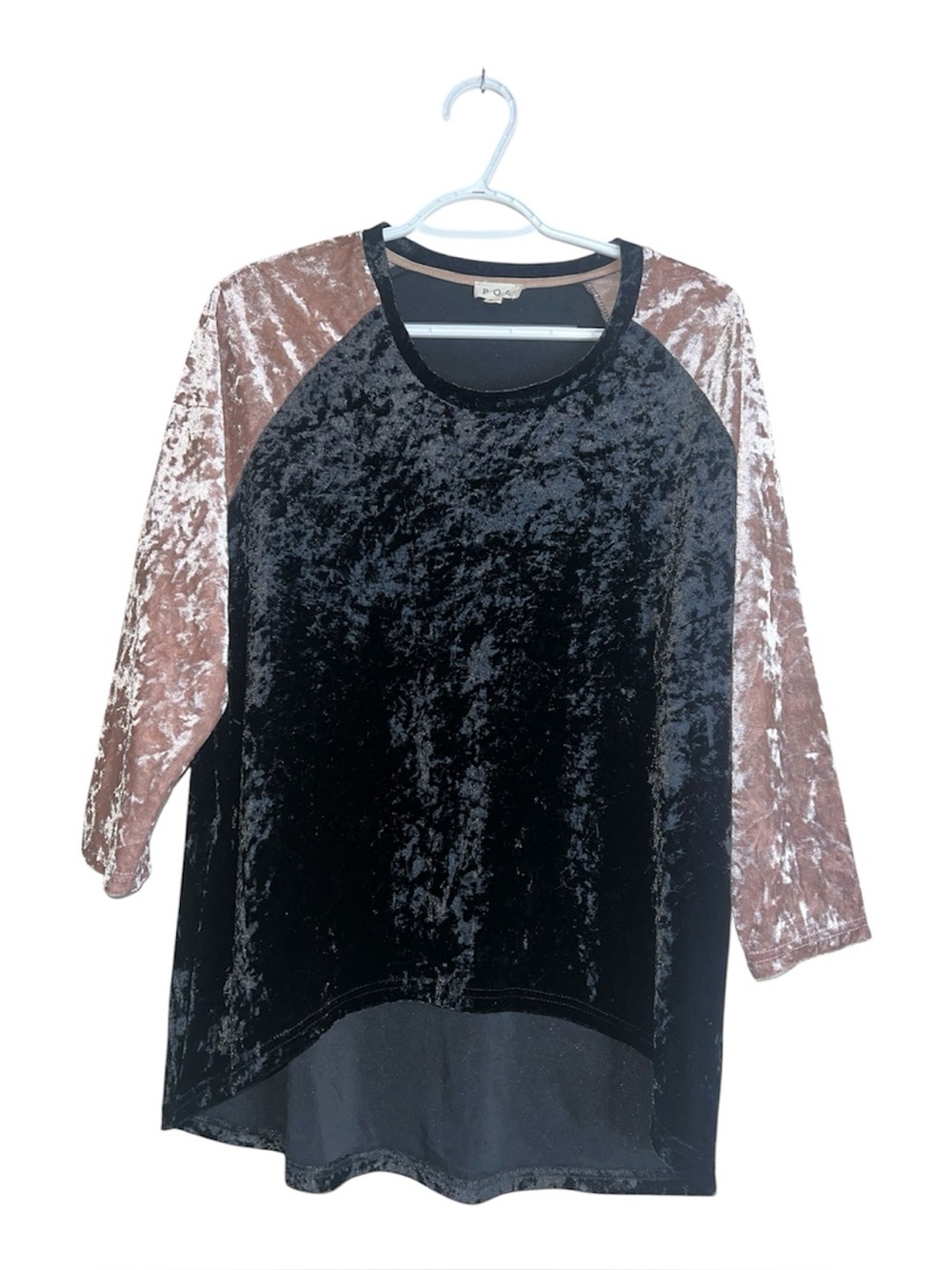 POL Velvet Raglan Tunic Top - Black with Dusty Rose Sleeves Sz M